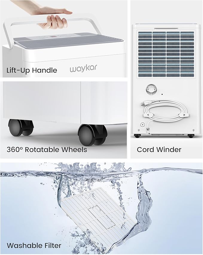 Waykar 120 Pint 2025 Energy Star Dehumidifier for Home, Basement, Large Rooms up to 6,000 Sq. Ft. - Auto Defrost, Ultra Quiet(40 dB), Auto Comfort Mode, with Drain Hose & Water Tank