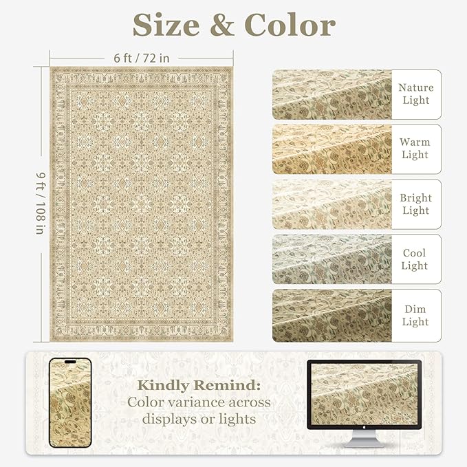 Boho Neutral 6x9 Area Rug, Non Slip Washable Rugs for Living Room Bedroom Low Pile Thin, Floral Moroccan Pattern Printed Carpet Rug for Dining Room Home Office Nursery Playroom, Warm Beige