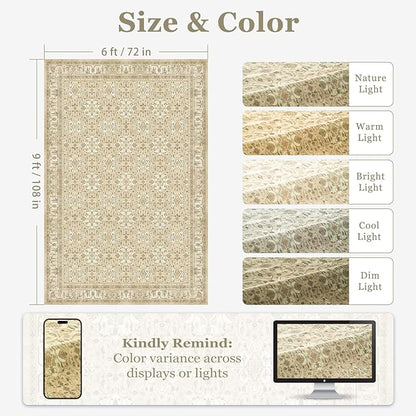 Boho Neutral 6x9 Area Rug, Non Slip Washable Rugs for Living Room Bedroom Low Pile Thin, Floral Moroccan Pattern Printed Carpet Rug for Dining Room Home Office Nursery Playroom, Warm Beige