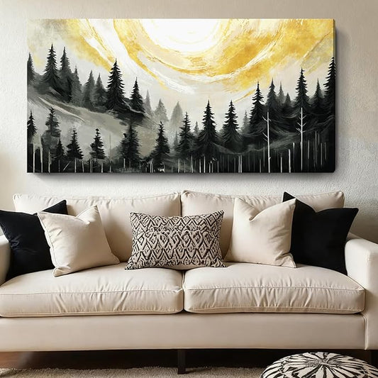 ARTZON Large Abstract Wall Art- Modern Black White Yellow Tree of Life Forest Canvas Print Pine Landscape Nature Horizontal Artwork Minimalist Picture for Living Room Bedroom Office Decor 48"x24"