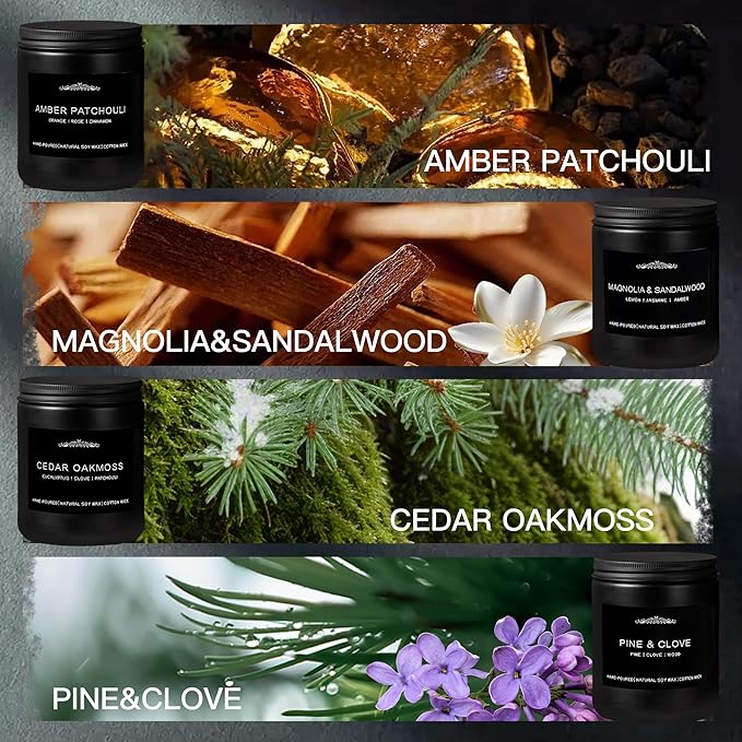 Scented Candles for Men, 4 Pack Candles for Home - Gifts for Men - 28oz 200 Hour Long Lasting Scented of Cedar Oakmoss/Pine & Clove/Magnolia & Sandalwood/Amber Patchouli