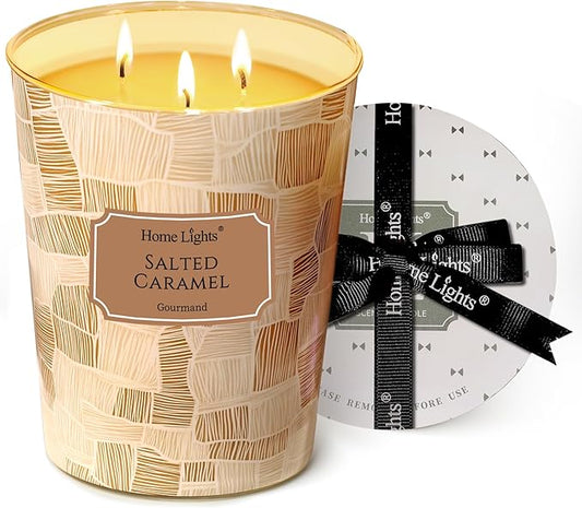 HomeLights Scented Candles | Large Jar 34 Oz Natural Soy Candle | 130 hrs Long-Lasting with 3 Wicks | Rustic Modern Home Decor | Gifts for Mom & Women, Salted Caramel