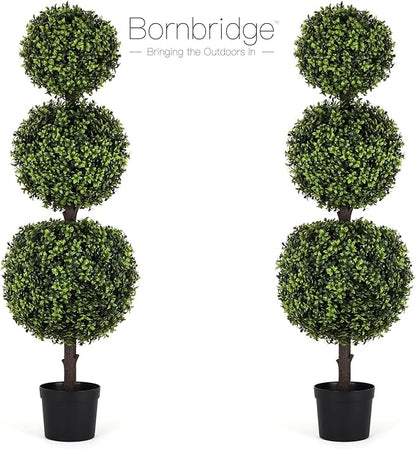 Bornbridge Artificial English Boxwood Topiary Ball Tree - 4' English Boxwood Ball Tree - Indoor/Outdoor Topiary Trees - Artificial Outdoor Plants - Lifelike English Boxwood Plant (2 Pack)