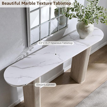 OKD 63" Modern Console Table with Arc Marble Texture Top, Fluted Wood Base, Contemporary Entryway Sofa Table for Living Room, Hallway, Foyer, White Alder