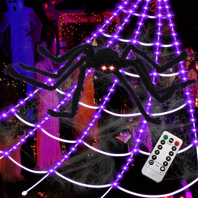 Spider Webs Halloween Decorations,16.4Ft 8Modes Super Bright 250LED Halloween Lights with Remote Control,49'' Giant Glowing Super-Realistic Spider,Halloween Decorations for Yard,Outside