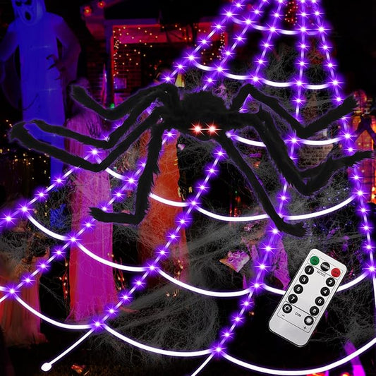 Spider Webs Halloween Decorations,16.4Ft 8Modes Super Bright 250LED Halloween Lights with Remote Control,49'' Giant Glowing Super-Realistic Spider,Halloween Decorations for Yard,Outside