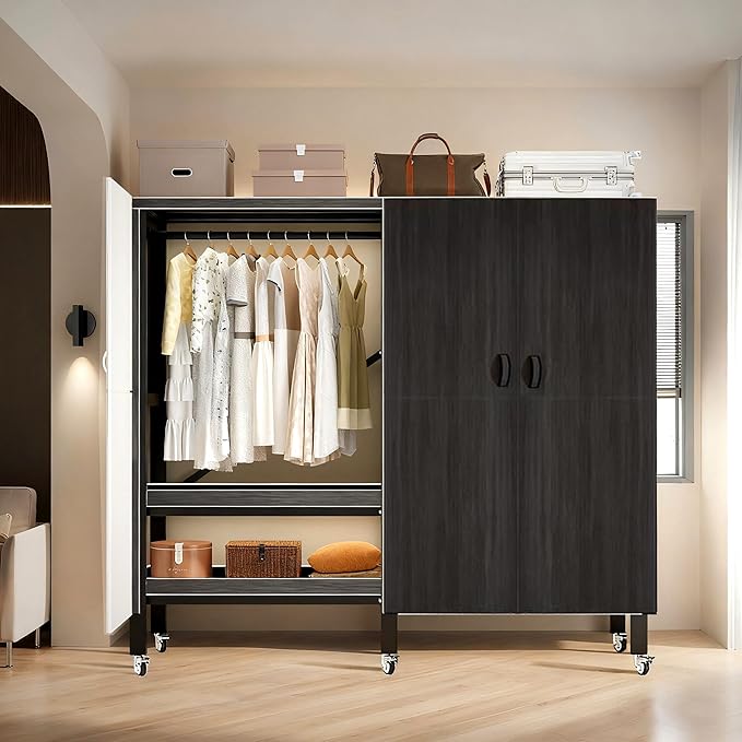 Heavy Duty Clothes Rack with Magnetic Door, Metal Foldable Covered Clothes Rack, Portable Wardrobe Closet System for Hanging Clothes, Rolling Garment Racks for Bedroom (Agarwood Doors, 49.2in)