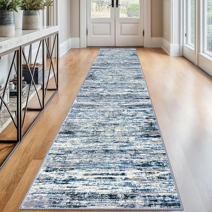 Modern Abstract Runner Rug 2.6x12, Grey Blue White Washable Long Kitchen Runner Non-Slip Soft Hallway Rug Runner Thin Print Faux Wool Carpet for Entryway Bedroom Laundry Room Indoor Home Decor
