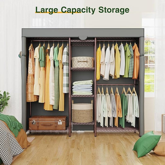 LEHOM G6C Heavy Duty Clothes Rack with Cover, Wire Garment Rack for Hanging Clothes, Compact Closet Storage Clothing Rack with Oxford Fabric Cover, Adjustable Hanging Clothes Racks for Bedroom