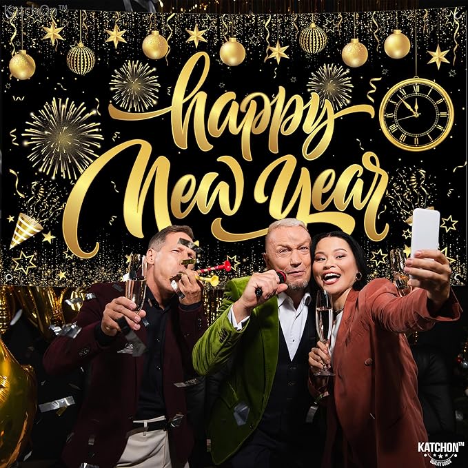 KatchOn, XtraLarge Happy New Year Banner - 72x44 Inch | Happy New Year Backdrop for New Years Decorations 2026 | NYE Eve Banner for NYE Decorations 2026 | New Years Eve Party Supplies 2026