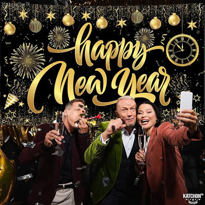 KatchOn, XtraLarge Happy New Year Banner - 72x44 Inch | Happy New Year Backdrop for New Years Decorations 2026 | NYE Eve Banner for NYE Decorations 2026 | New Years Eve Party Supplies 2026