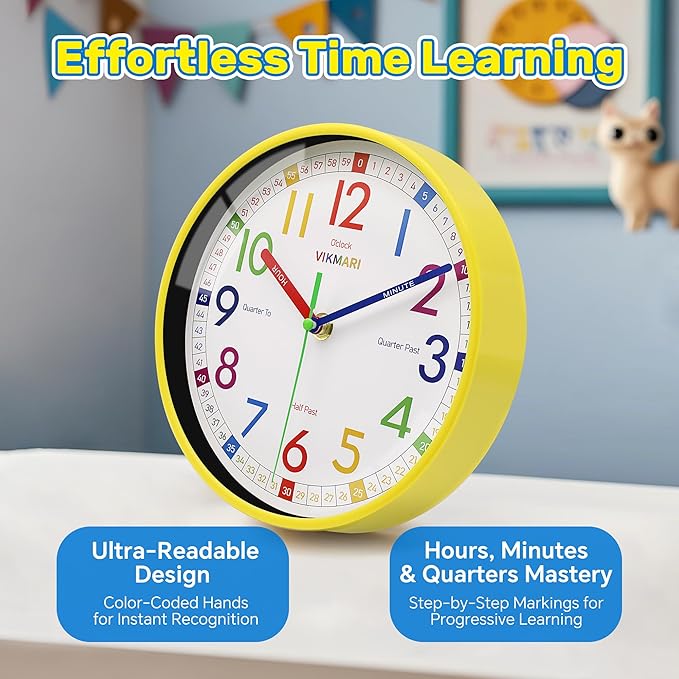 VIKMARI Learning Clock for Kids - Small Silent Non-Ticking Colorful Teaching Clocks Telling The Time for Teaching Time-Decorative Clocks for Kids Room Classroom School Playroom (10 Inch)