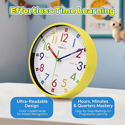 VIKMARI Learning Clock for Kids - Small Silent Non-Ticking Colorful Teaching Clocks Telling The Time for Teaching Time-Decorative Clocks for Kids Room Classroom School Playroom (10 Inch)