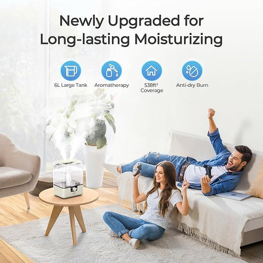 CHIVALZ Humidifiers for Bedroom, 6L Cool Mist Humidifiers for Baby Nursery, 26dB Quiet, 50H Runtime, Top Fill Humidifier for Large Room, Home, Plants, Nightlight, Oil Diffuser 1 Pack CreamyYellow