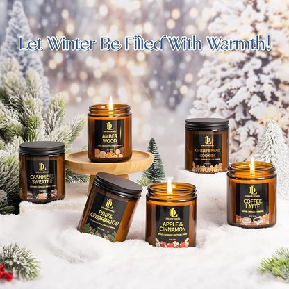 Winter Candle Set, 6 Pack Soy Candles for Home, Holiday Vanlentine's Day Gifts for Women Men, Winter Scents of Gingerbread/Apple Cinnamon/Coffee Latte/Pine Cedarwood/Amber Wood/Cashmere Sweater