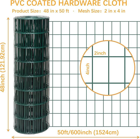 Green Metal Garden Fence, 48inch(H) x 50ft(L), 2 inch x 4 inch,12.5GA 2/3/4/5/6 Ft Tall Chicken Wire PVC Coated Welded Wire Mesh Roll for Dogs Border Yard Vegetable Plant Protection Poultry Netting