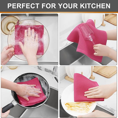 Kitinjoy 100% Cotton Kitchen Dish Cloths, 12 Pack Waffle Weave Ultra Soft Absorbent Dish Towels for Drying Dishes Quick Drying Kitchen Towels Dish Rags, 12 X 12 Inches, Hot Pink