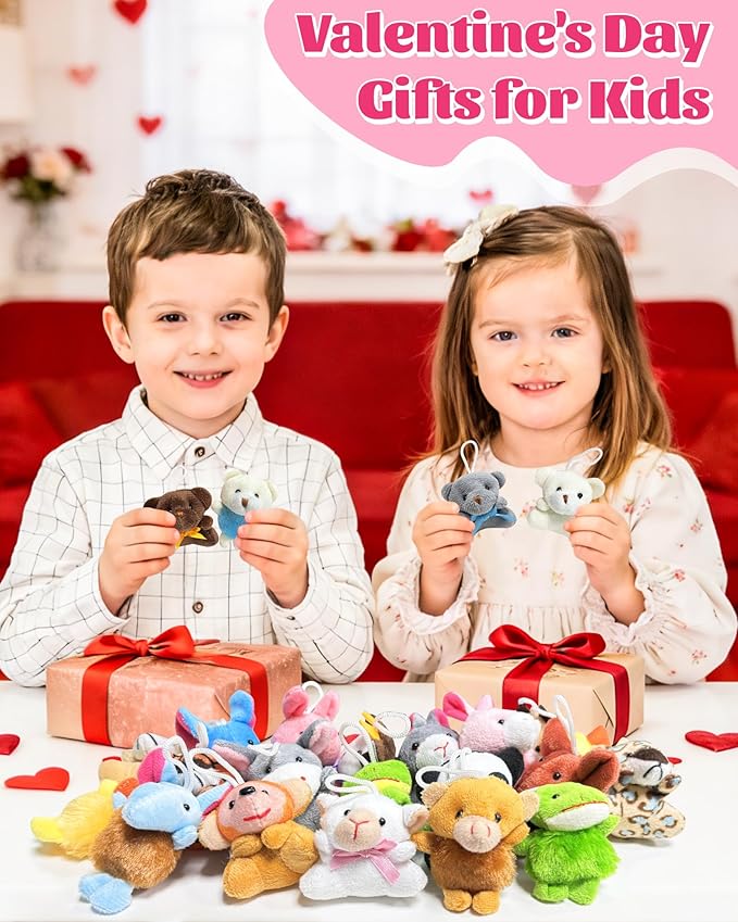 24 Pack Mini Stuffed Animals, Small Plush Keychain Party Favors for Kids 3-5, 4-8, 8-12, Bulk Treasure Box Toys for Classroom Prizes, Valentines Day School Gifts, Goodie Bags Stuffers