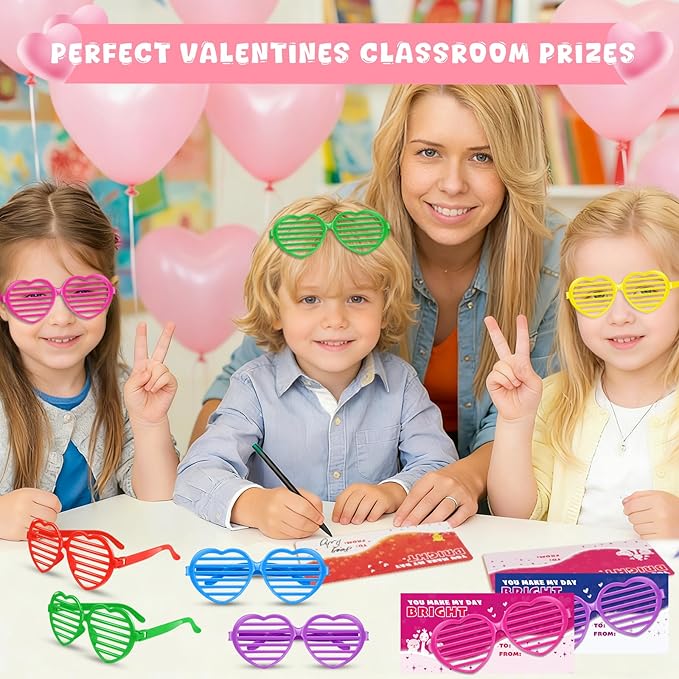 Amy&Benton 28PCS Shutter Glasses Toys with Valentines Gift Cards, Valentines Day Heart Shaped Shutter Shade Glasses for Kids Classroom Exchange Gifts Praty Prizes Bulk