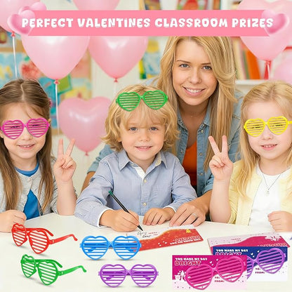 Amy&Benton 28PCS Shutter Glasses Toys with Valentines Gift Cards, Valentines Day Heart Shaped Shutter Shade Glasses for Kids Classroom Exchange Gifts Praty Prizes Bulk