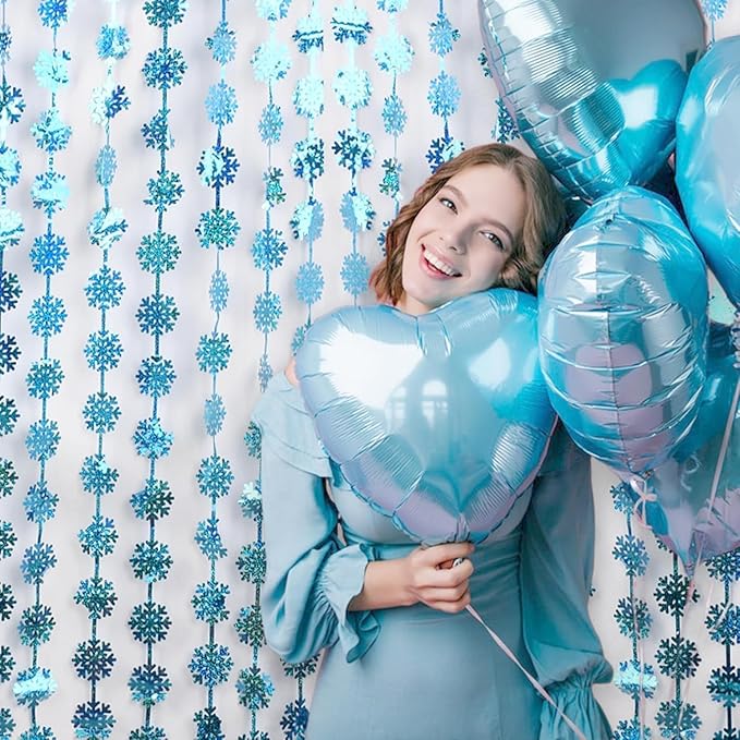BRAVESHINE Blue Party Snowflake Backdrop - 2 Pack Hanging Foil Fringe Snow Flakes Party Streamers Curtain for Christmas Winter-Themed Frozen Birthday Bridal Shower Holiday New Year Party Decorations