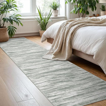KOZYFLY Modern Abstract Hallway Runner Rug, 2x8 Kitchen Rugs Non-Slip Washable Soft Striped Runner Rugs, Print Grey Green Carpet Runner for Entryway Bathroom Laundry Room Foyer