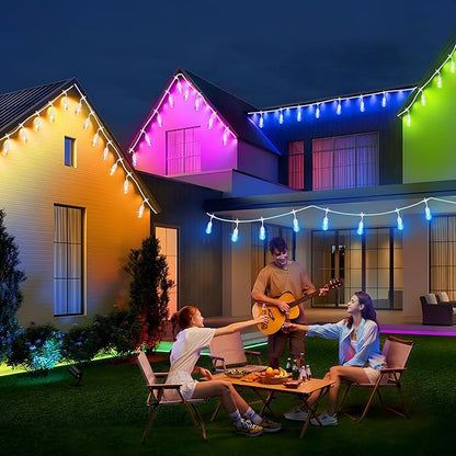 100FT(2x50FT) RGB Solar Outdoor String Lights with Remote, Dimmable Waterproof Patio Lights with 30 Bulbs for Porch Garden Bistro-White Cord
