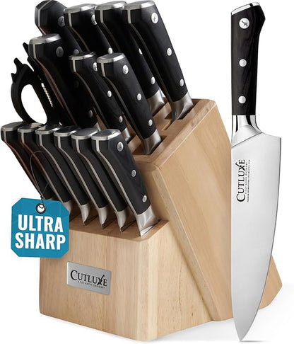 Cutluxe 15-Piece Knife Set – Premium Rubberwood Wood Block – Knife Set for Kitchen, Ultra Sharp High Carbon German Stainless Steel, Full Tang – Artisan Series