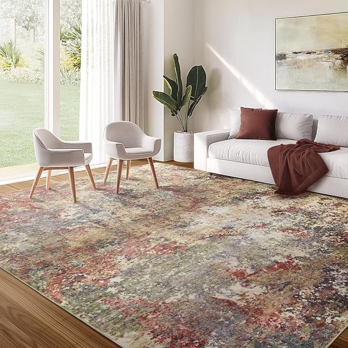 10x12 Area Rug for Living Room - Washable Abstract Rus Modern Neutral Soft Rug for Bedroom Dining Room No Slip Low Pile Carpet for Nursery Home Office - Red/Ivory