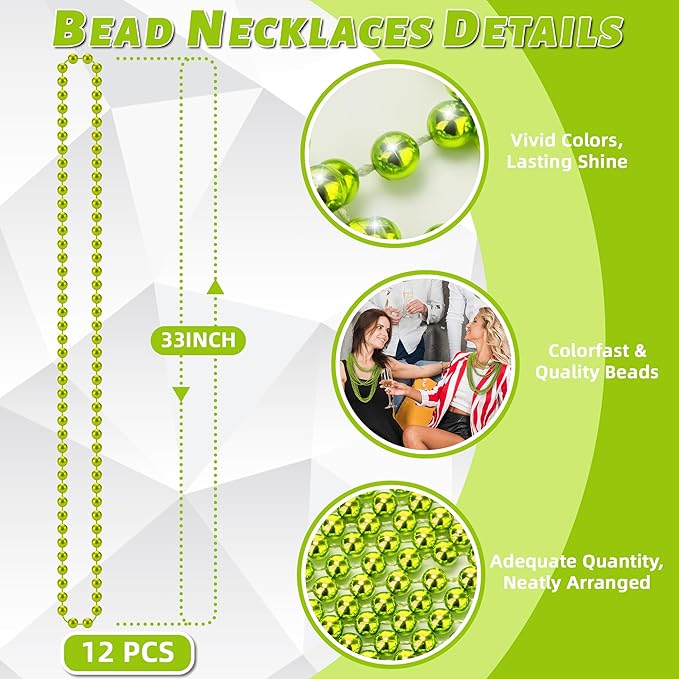 YAXINRUI 12 PCS St. Patricks Day Beads Necklace, Christmas Bead Necklaces, Light Green Mardi Gras Beads, 33 Inch Light Green Bead Necklaces for Mardi Gras St. Patricks Day Christmas Festive Events