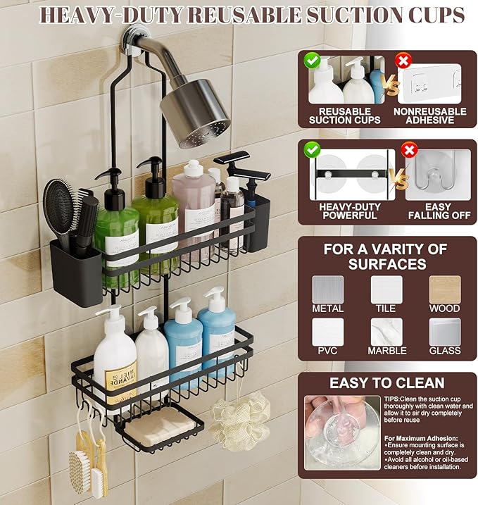Shower Caddy Hanging for Bathroom Organizers and Storage, Adjustable Anti-Swing Shower Organizer for Wall-Mounted Showerhead with Heavy-Duty Suction Cups, Damage-Free Rustproof (Black)