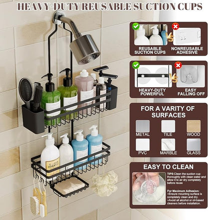 Shower Caddy Hanging for Bathroom Organizers and Storage, Adjustable Anti-Swing Shower Organizer for Wall-Mounted Showerhead with Heavy-Duty Suction Cups, Damage-Free Rustproof (Black)