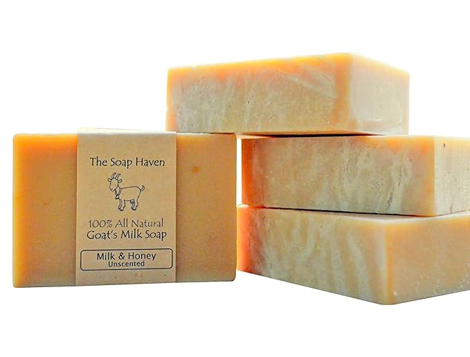 4 Goat Milk Soap Bars with Honey - Handmade in USA. All Natural Soap, Unscented, Fragrance Free, Fresh Goats Milk. Wonderful for Sensitive Skin and Babies. SLS, Paraben, GMO-Free