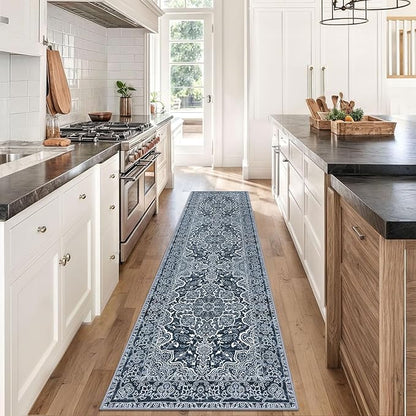 KUTA Vintage Floral Washable Runner Rug, 2x8 Navy Blue Runners for Hallways Non-Slip Kitchen Rugs Ultra Soft Printed Distressed Tribal Floor Carpet for Bedroom Living Room Nursery