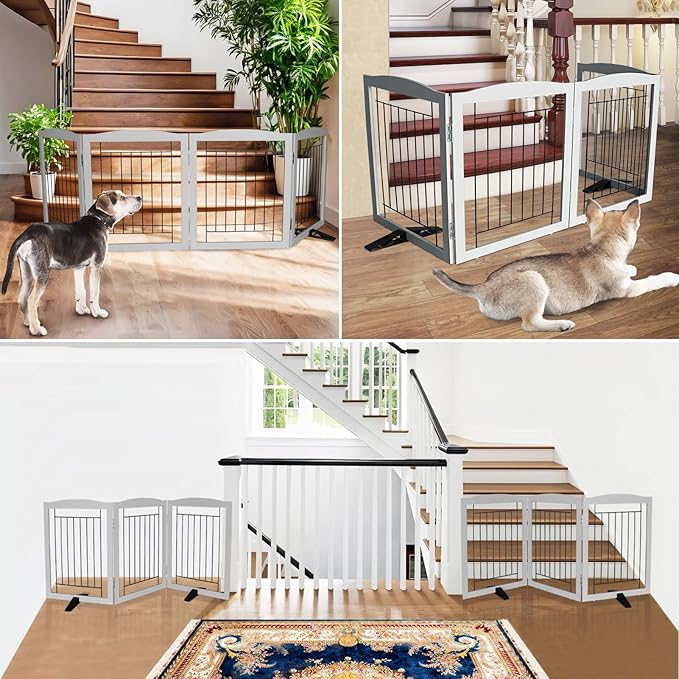 ZJSF Freestanding Dog Fence Indoor, Foldable Dog Gate for Doorways, Stairs or Hallways, Sturdy Wood Extra Wide Pet Gate with Support Feet for The House, Grey, 24 "Height-6 Panels