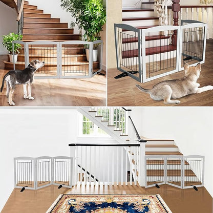 ZJSF Freestanding Dog Fence Indoor, Foldable Dog Gate for Doorways, Stairs or Hallways, Sturdy Wood Extra Wide Pet Gate with Support Feet for The House, Grey, 24 "Height-6 Panels