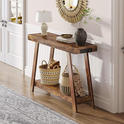Huuger Console Table with Charging Station, USB-C Port, 2 Tiers Entryway Table, 39.4 Inch Sofa Table with Metal Legs, Entry Hallway Table with Thicker Desktop, Behind Couch Table, Rustic Brown