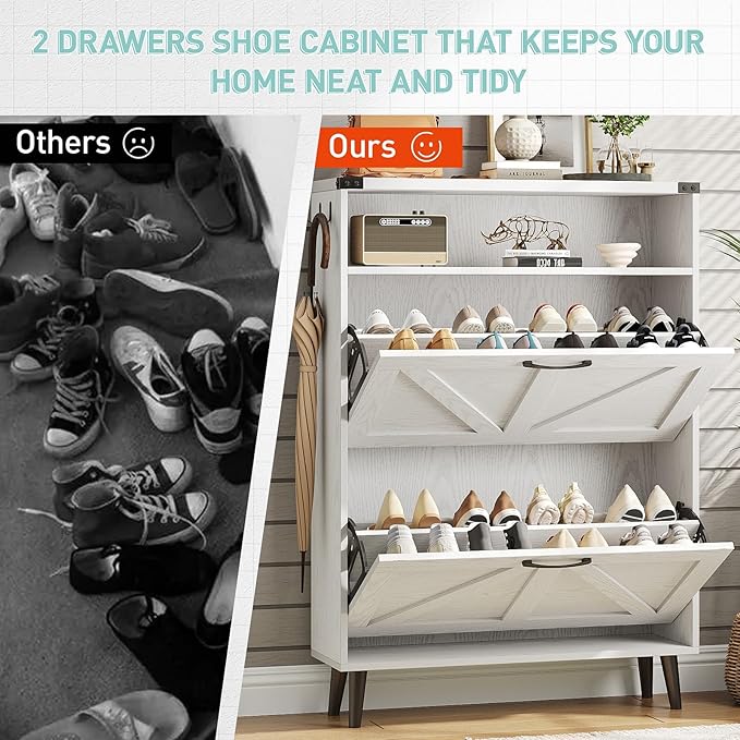 Vabches Shoe Storage Cabinet with 2 Flip Drawers,Freestanding Narrow Shoe Organizer with Open Storage,Hidden Slim Shoe Rack Cabinet for Entryway,White (2 Pack)