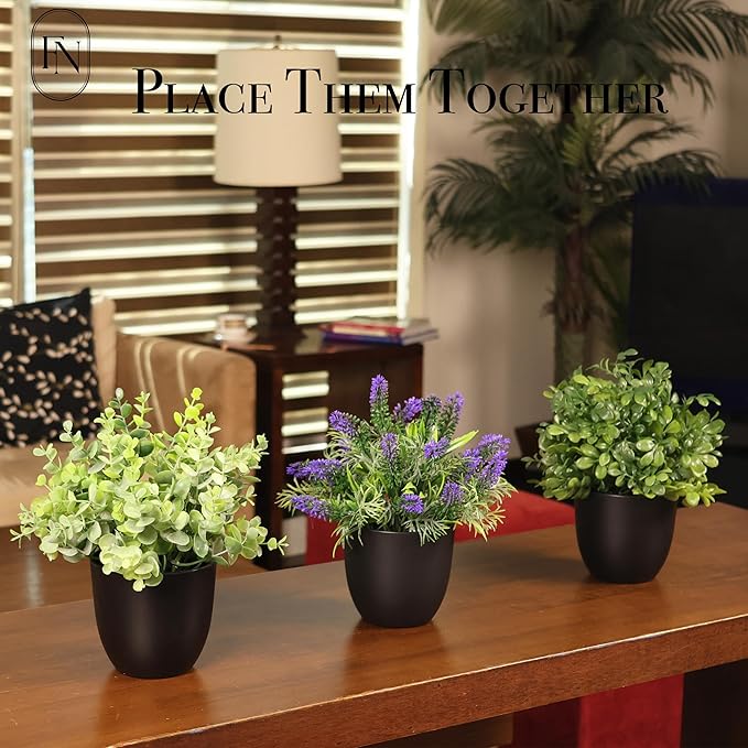 3 PACK 10" H Artificial Plant Greenery Pot (9" W Potted Greenery: Fake Faux Lavender Eucalyptus Boxwood) for Home Decoration Shop Decor Office Desk Dining Table Kitchen Washroom Garden Party Wedding