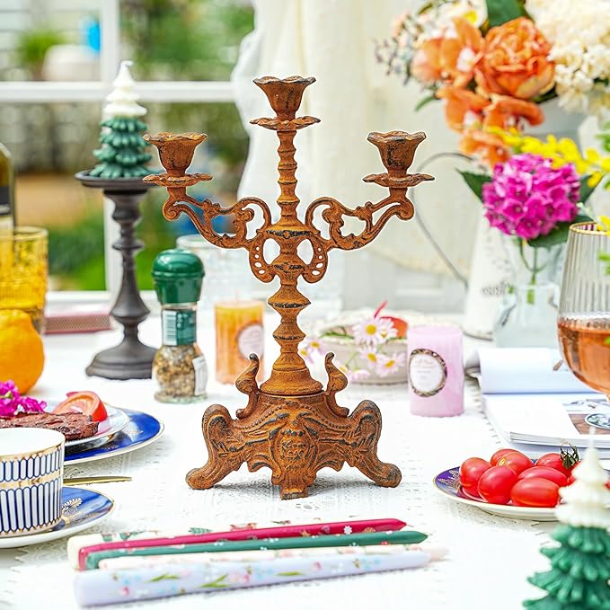 Sungmor Rusty Cast Iron 3 Arm Candelabra, 13" Tall Vintage Candlestick Holder, Decorative Taper Candle Holder, Pretty Centerpiece Candle Stand for Halloween, Christmas, Holiday Décor