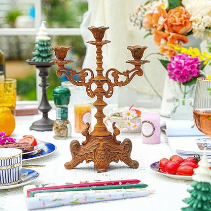 Sungmor Rusty Cast Iron 3 Arm Candelabra, 13" Tall Vintage Candlestick Holder, Decorative Taper Candle Holder, Pretty Centerpiece Candle Stand for Halloween, Christmas, Holiday Décor