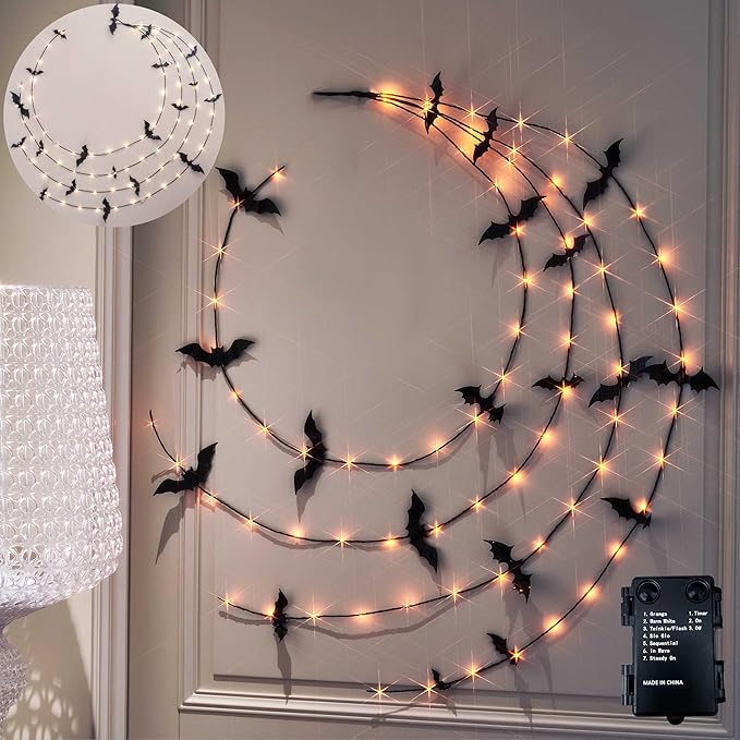 LITBLOOM Halloween Garland with Lights 6FT 80 Orange and Warm White Fairy Lights, Lighted Black Garland Battery Operated with Timer Lit Bats for Wall Porch Decoration