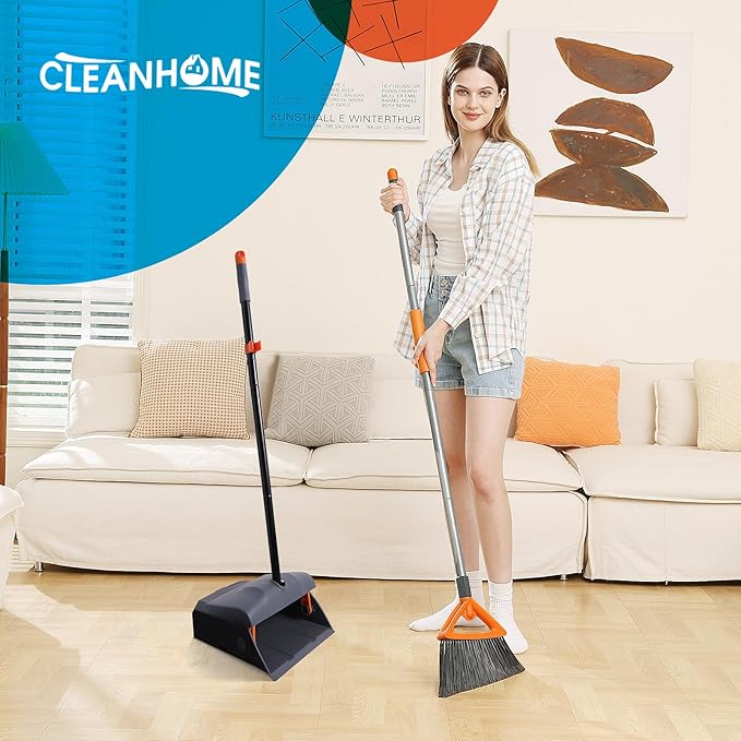 Heavy Duty Broom with Dustpan Combo Set Indoor and Outdoor Dual Purpose,Stiff Bristle Commercial Angle Broom and Standing Dust Pans with Long Handle for Sweeping Home,Kitchen,Yard,Grey