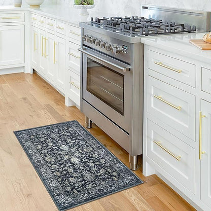 KILOCOCO Moroccan Small Area Rug 2x3 Entryway Rugs Printed Vintage Floral Washable Rug Non-Slip Kitchen Rug Indoor Door Mat, Accent Throw Small Rugs for Laundry Room Bedroom Entrance, Navy/Charcoal