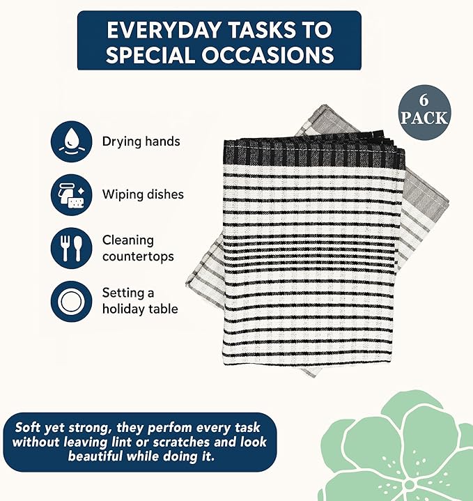 6 Pack Cotton Kitchen Towels – 29.5 x 19.5 Inches Grey & White Checkered Tea Towels, Absorbent Dish Cloths & Kitchen Drying Towels, Quick-Dry Hand Towels with Hanging Loop, Durable, Woven Design
