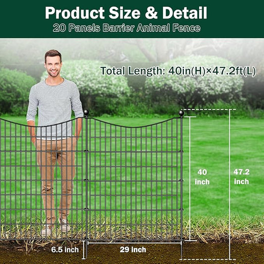 20 Panels Decorative Garden Fence with Gate, 40 in(H) X 47.2 ft(L) No Dig Dog Fence Animal Barrier Outdoor for Yard, Rustproof Metal Garden Edging and Borders, Temporary Fencing Stakes