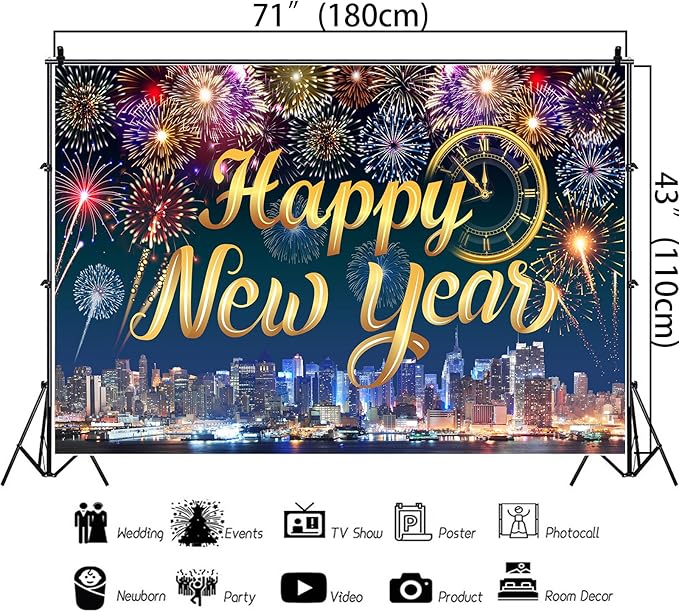 Gold Happy New Year Banner 2026 Colorful Fireworks Happy New Year Decorations Backdrop with Clock City Scene for 2026 Backdrop Family Gathering Party Supplies 5.9×3.6 Ft (Polyester)