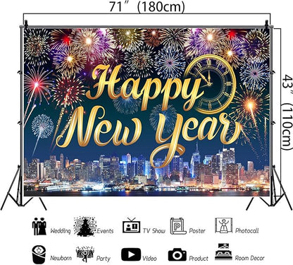 Gold Happy New Year Banner 2026 Colorful Fireworks Happy New Year Decorations Backdrop with Clock City Scene for 2026 Backdrop Family Gathering Party Supplies 5.9×3.6 Ft (Polyester)