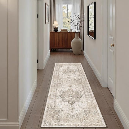 Taupe Runner Rug 2x6 Hallway Kitchen Washable Vintage Carpet Non Slip Retro Distressed Low Pile Soft Oriental Medallion Thin Long Throw Rug for Entryway Bathroom Office Laundry Dining Room
