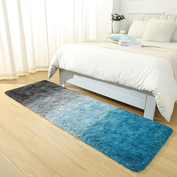 DweIke Luxury Shaggy Runner Rugs for Bedroom, 2x6 Feet Fluffy Runners Carpet for Girls Boys Kids, Non-Slip Extra Comfy Plush Bed Beside Rug for Living Room Nursery Home Decor, Black and Blue